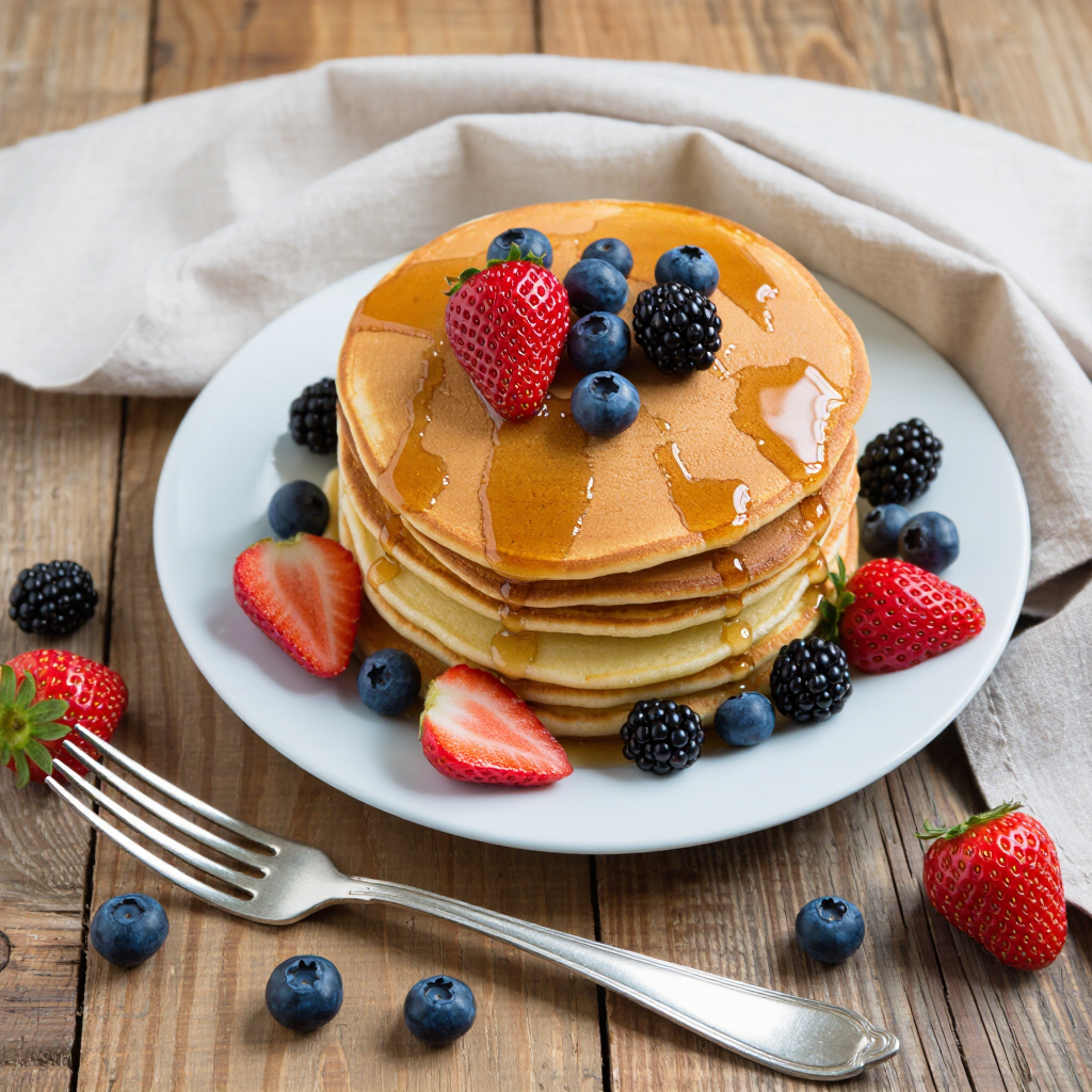 Overhead flat-lay of a rustic brunch spread, honey dripping over fluffy pancakes, fresh berries, soft morning light, linen napkins, warm…