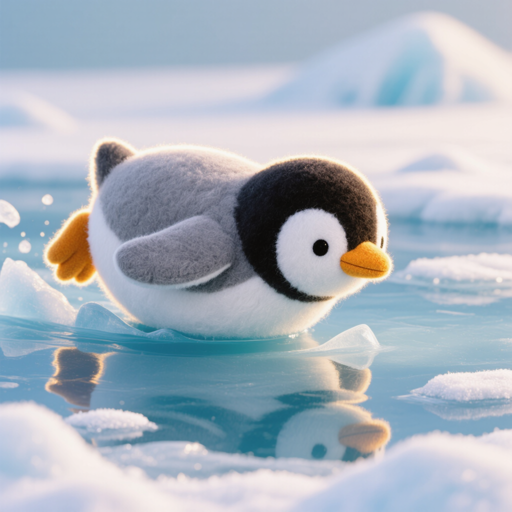 Adorable 3D clay-style baby penguin sliding on ice, soft textures, warm rim light, diorama, Blender render, ultra-detailed, cute.