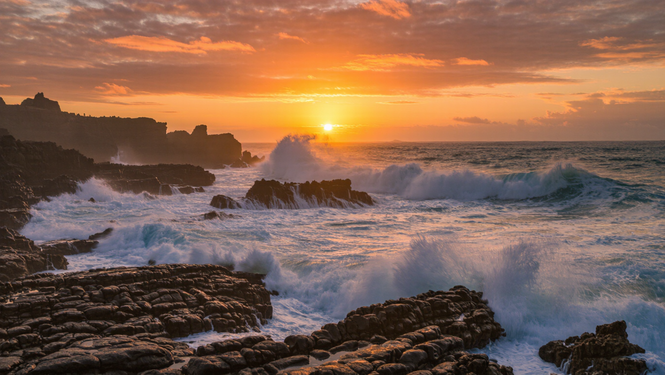 Powerful ocean waves crashing against dark volcanic rocks at sunset, sea spray, dramatic sky, ultra-detailed seascape.