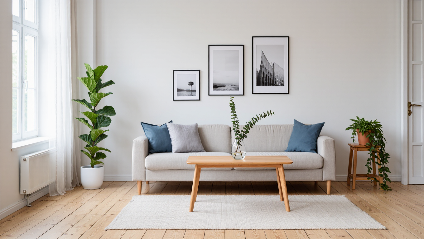 Realistic photograph of a cozy minimalist Scandinavian living room, natural window light, houseplants, linen sofa, ultra-detailed interior.