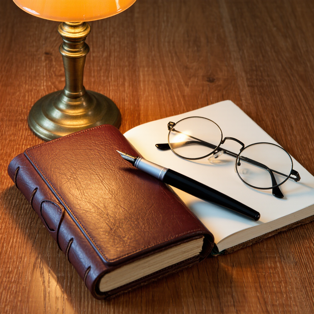 Realistic photograph of an old leather-bound journal, fountain pen, and reading glasses on a desk, warm lamp light, ultra-detailed.