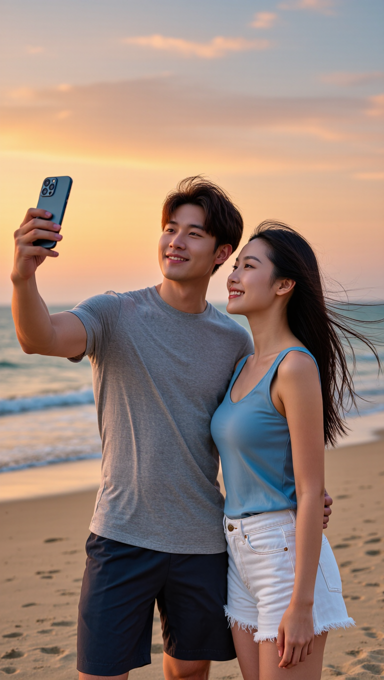 Ultra-realistic candid photo of a couple taking a selfie on a beach at sunset, natural skin, windblown hair, authentic UGC vacation…