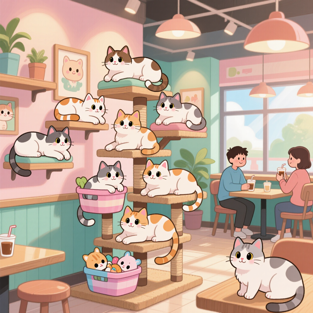 Cute anime cat cafe interior, fluffy cats lounging on shelves, warm afternoon light, pastel tones, cozy, detailed 2D anime illustration.