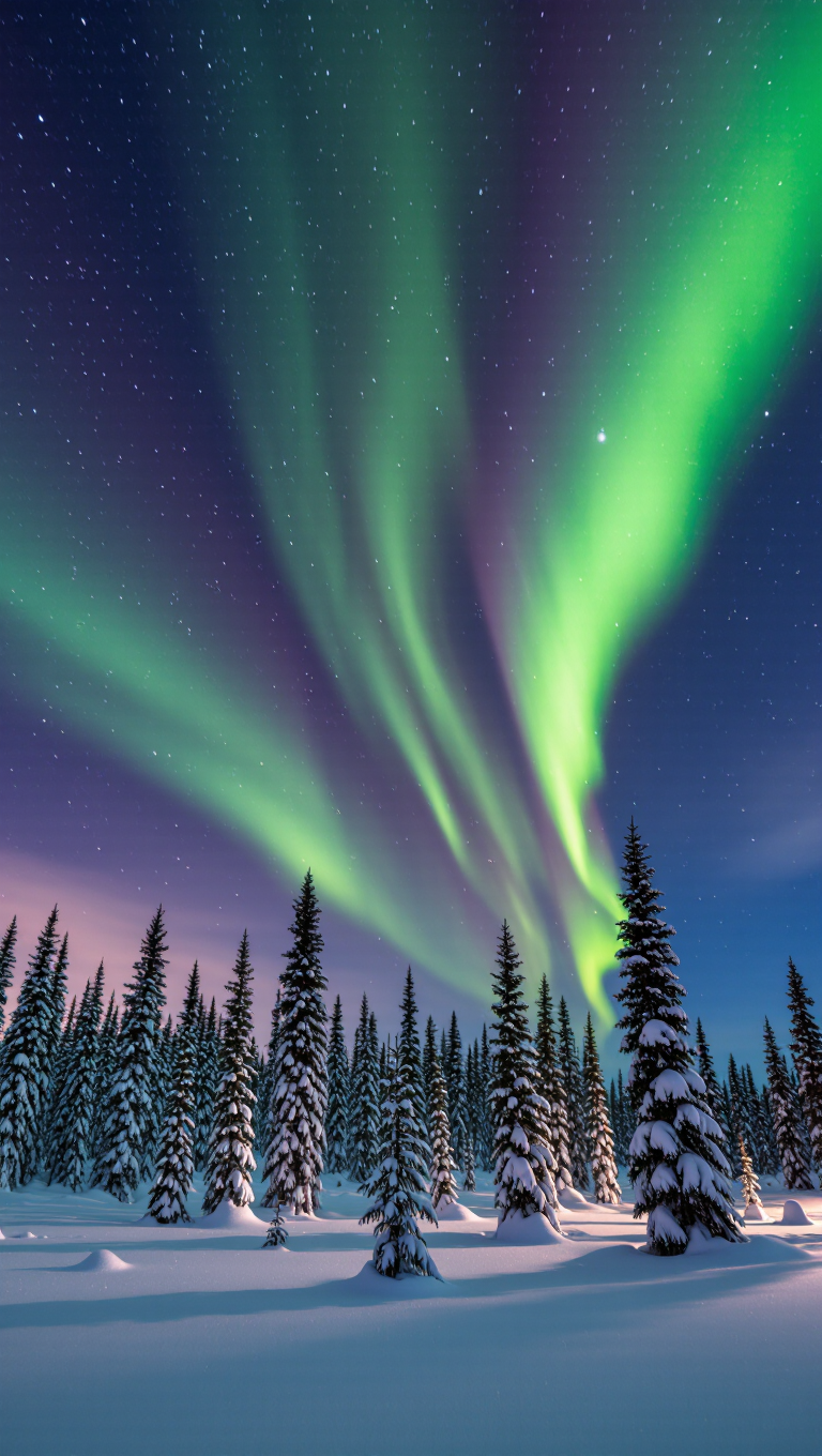 Northern lights dancing over a snowy arctic forest at night, green and violet aurora, starry sky, ultra-detailed.