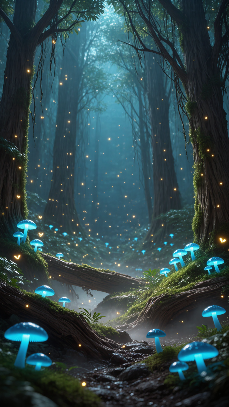 An enchanted bioluminescent forest at night, glowing blue mushrooms and drifting fireflies, soft mist between ancient mossy trees, magical…