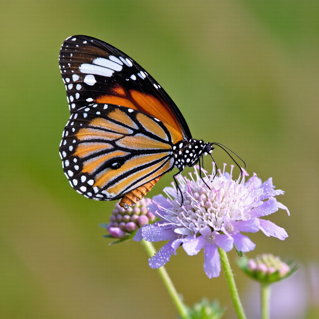 Close-up of a monarch butterfly on a wildflower, dewdrops, soft green bokeh, vibrant, macro nature photography.