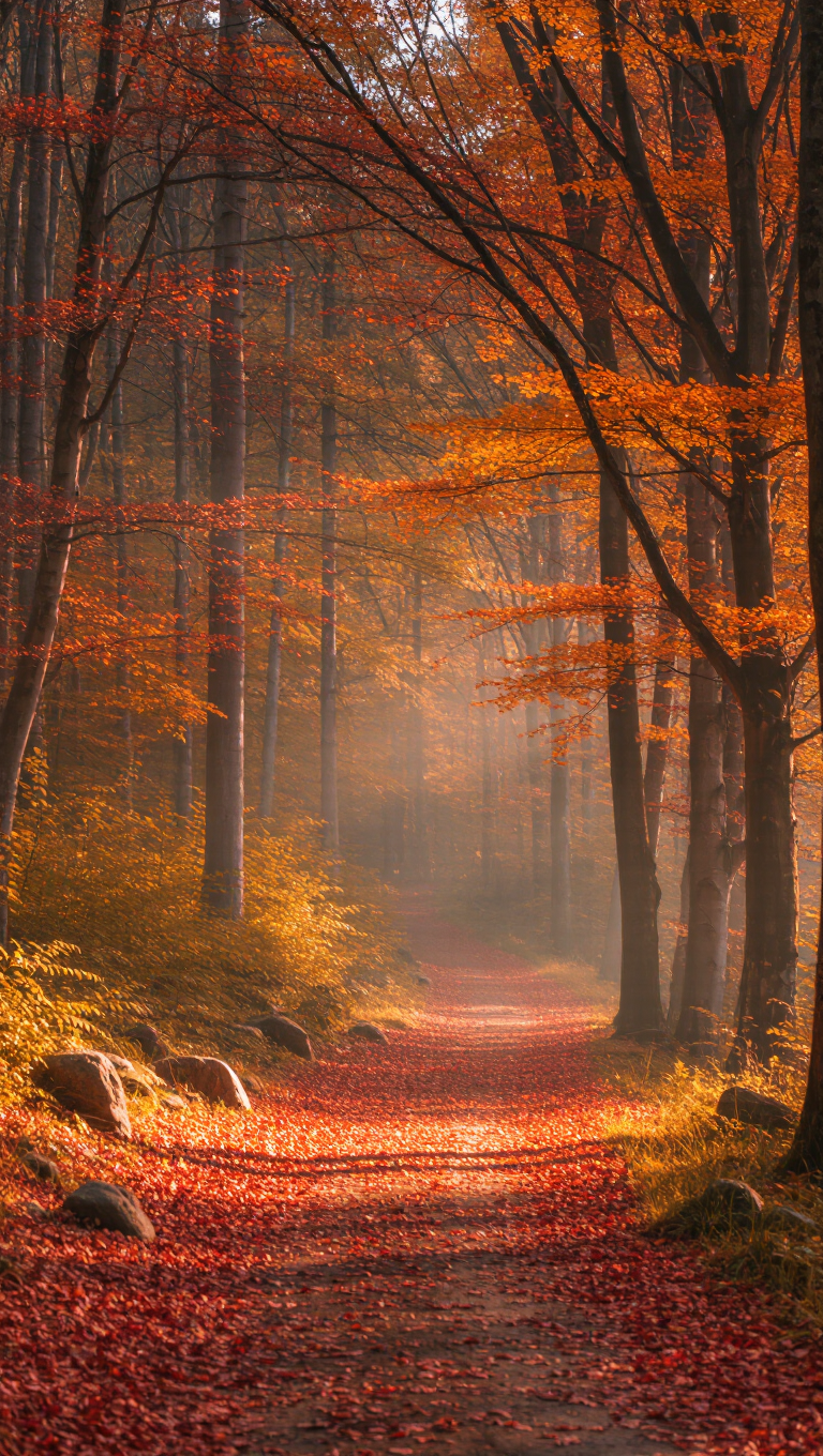 A tranquil autumn forest path covered in orange and red leaves, soft sunlight, peaceful, ultra-detailed nature photography.