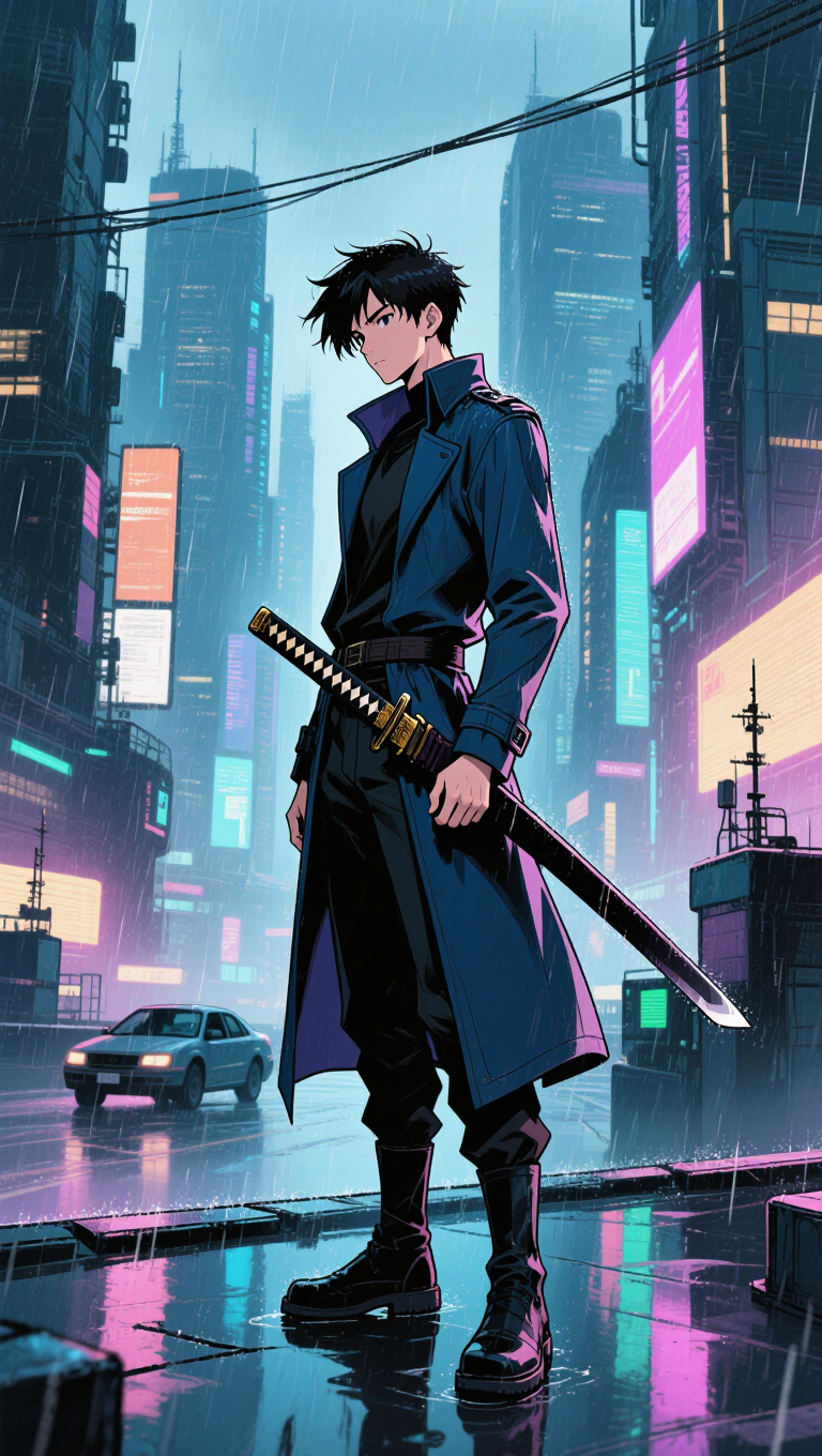 Retro 90s anime aesthetic, a lone swordsman on a neon-lit rooftop in the rain, film grain, moody cel-shading, cyberpunk city,…