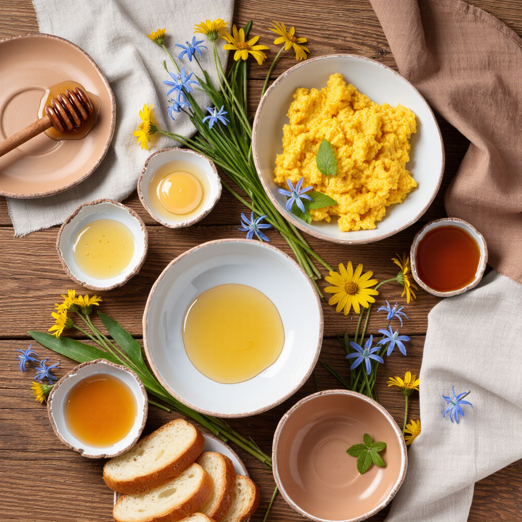 Overhead flat-lay of a rustic slow breakfast, cracked ceramic bowls, honey drizzle catching soft morning light, scattered wildflowers,…