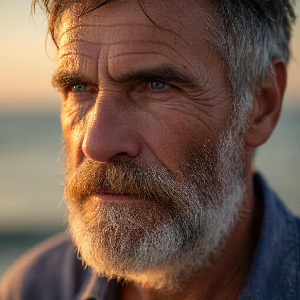 Intimate close-up portrait of a weathered fisherman at golden hour, salt-crusted beard, deep wrinkles in razor-sharp detail, warm Rembrandt…