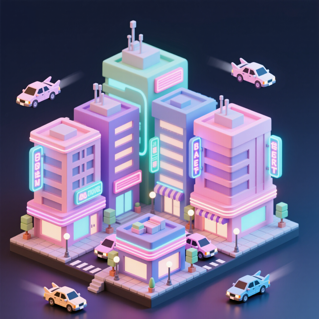 Isometric low-poly cyberpunk city block at night, glowing neon signs, tiny flying cars, pastel-neon gradient, soft ambient occlusion, cute…