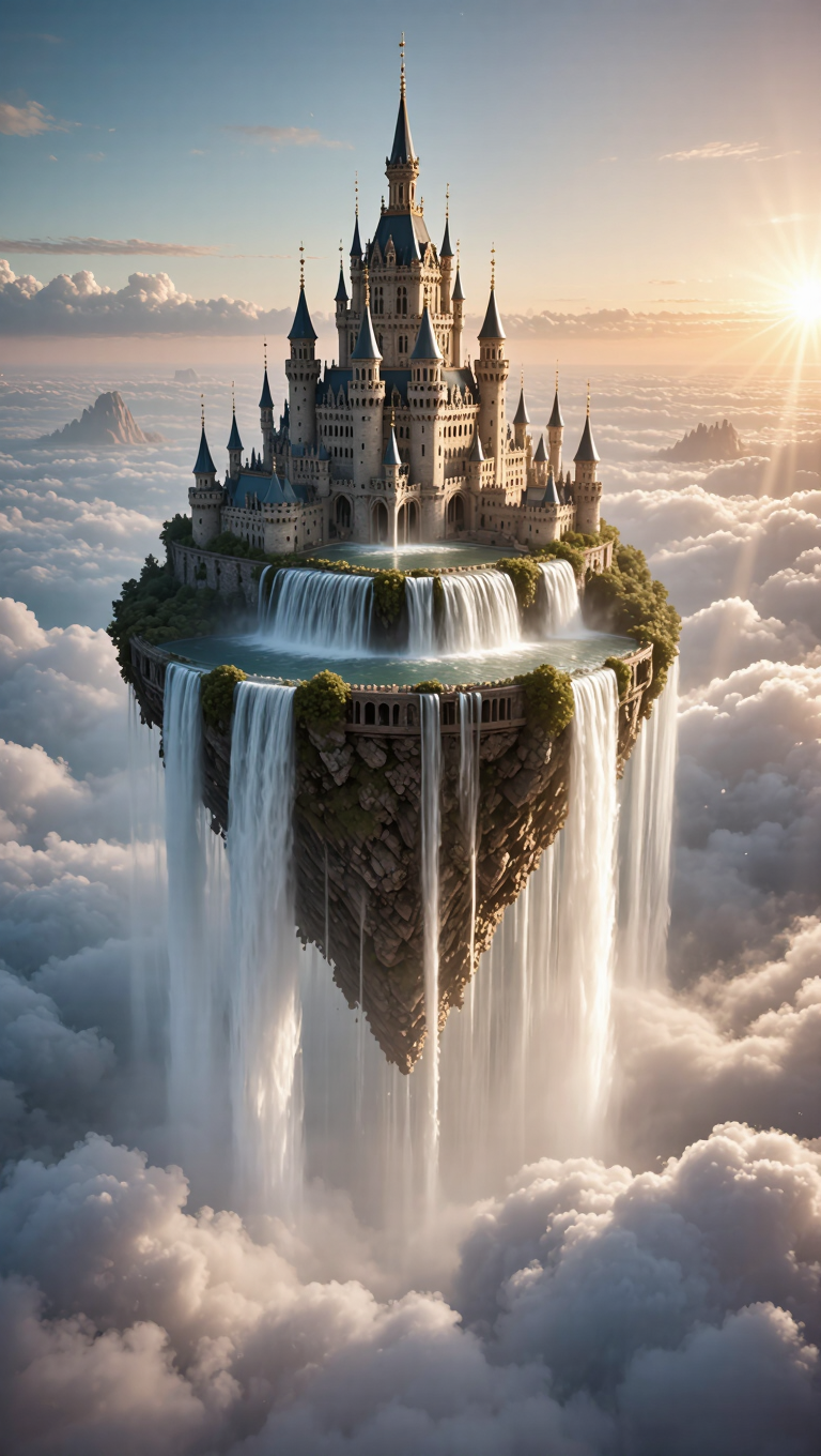 An enchanted floating castle above a sea of clouds at dawn, waterfalls cascading into mist, golden light, epic fantasy, hyper-detailed,…