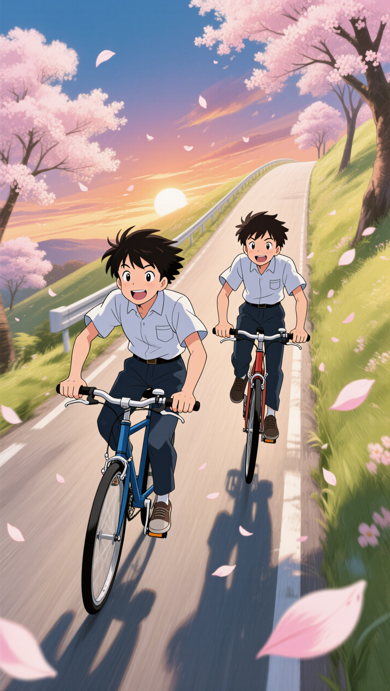 Anime key visual of two friends on bicycles racing down a hill at sunset, wind and cherry blossoms, vibrant cel-shading, Makoto Shinkai…