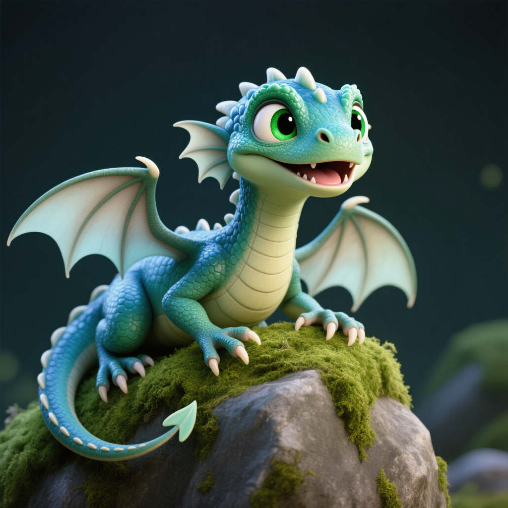 Adorable Pixar-style 3D baby dragon with big glossy eyes and soft scales, perched on a mossy rock, studio key light, Blender render,…