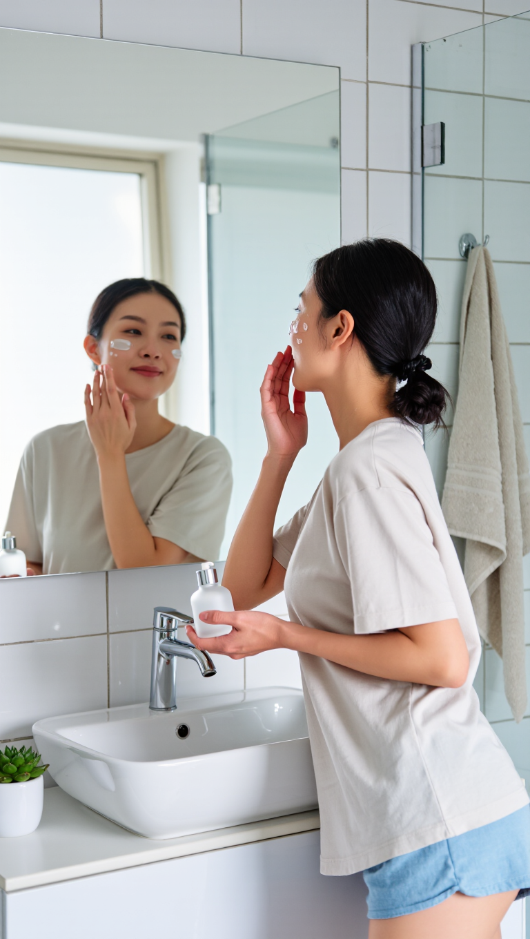 Ultra-realistic UGC photo of a woman doing a skincare routine in a bright bathroom, natural detail, dewy skin, candid, phone camera look,…