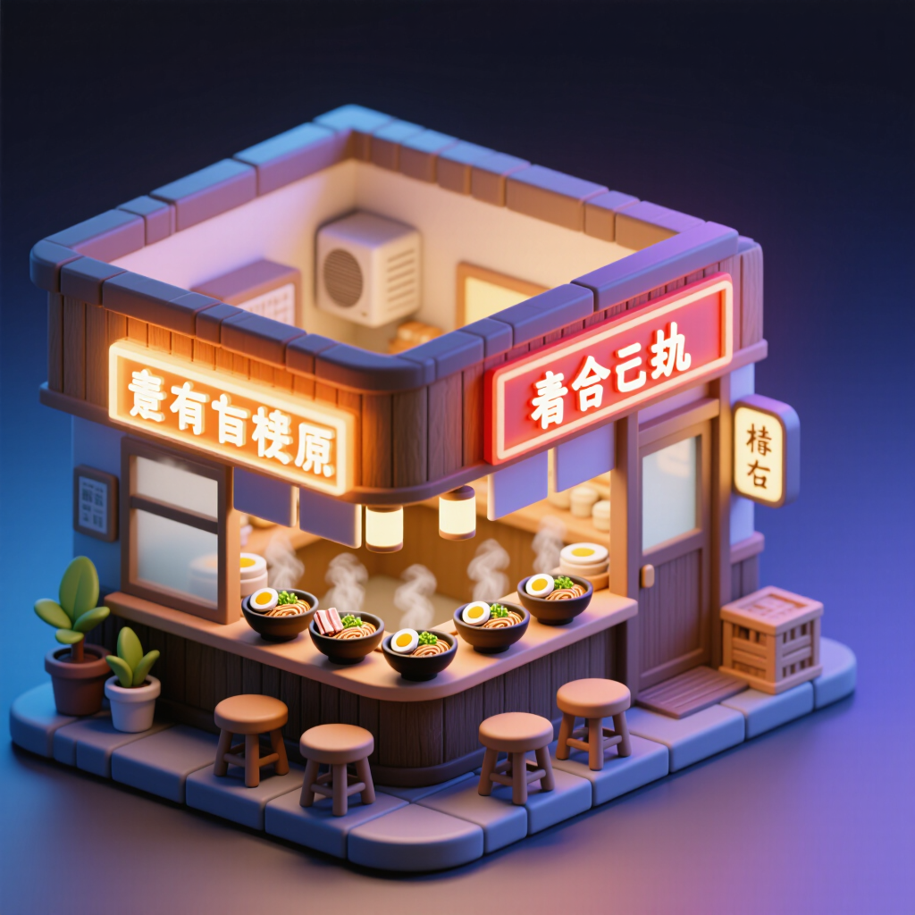 Isometric 3D miniature ramen shop at night, glowing signage, tiny stools, steam rising, cozy diorama, soft ambient occlusion, clean render.