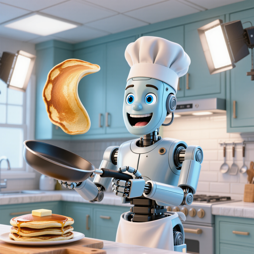 Pixar-style 3D chubby robot chef flipping a pancake in a bright kitchen, glossy metal, expressive eyes, studio lighting, Blender render,…