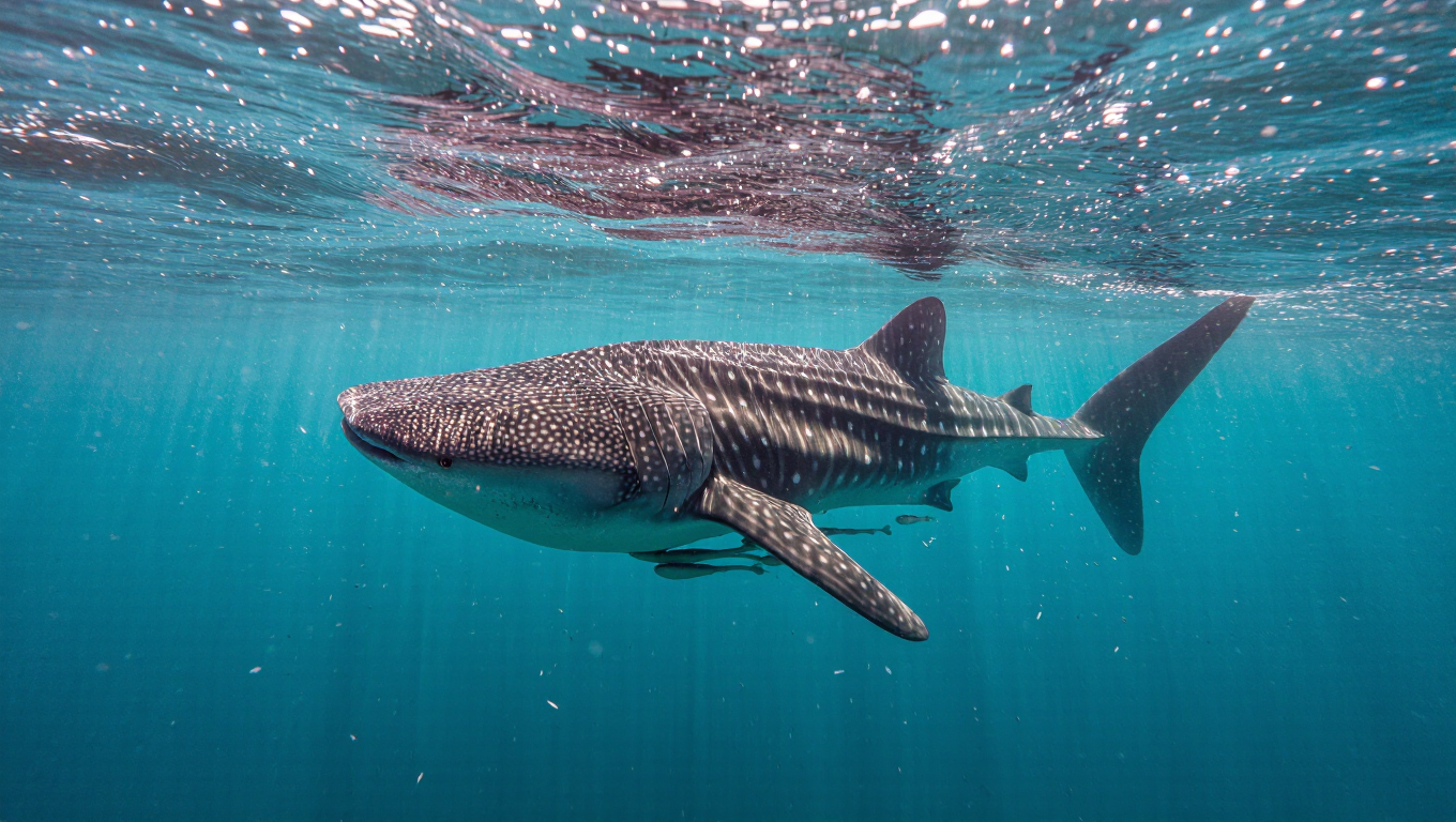 Underwater photograph of a majestic whale shark gliding through sunlit turquoise water, god rays, drifting plankton, serene, National…