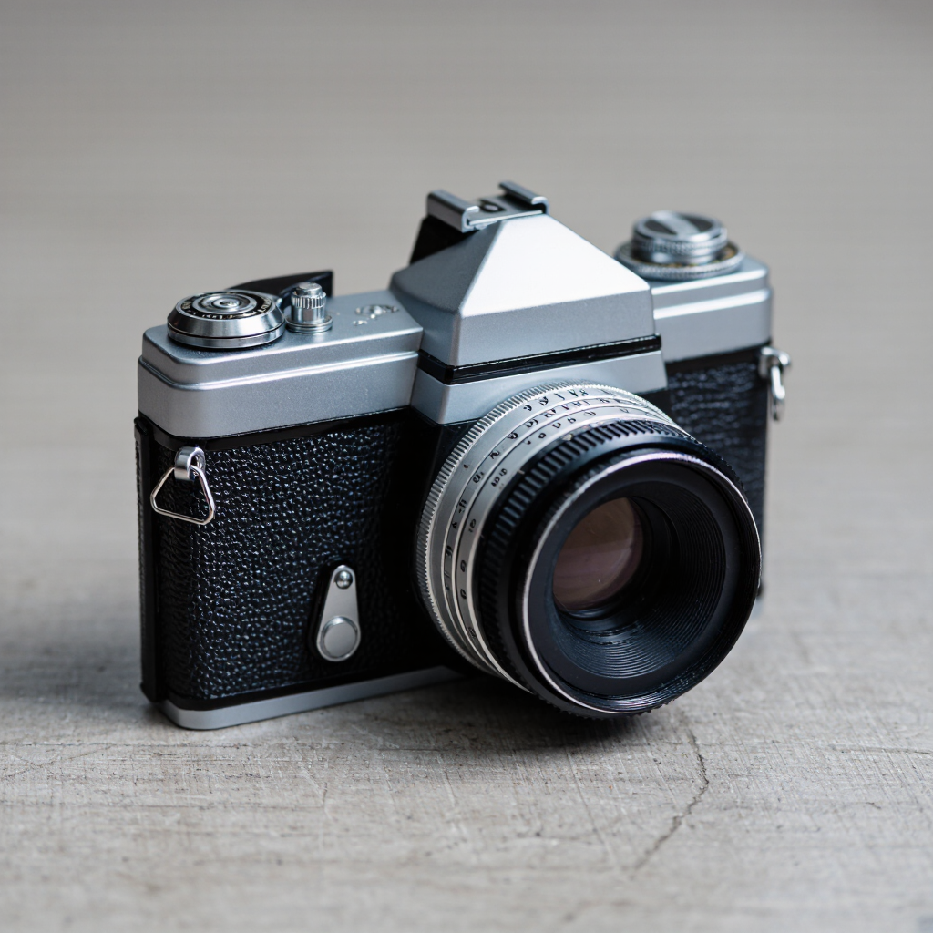 Photorealistic product shot of a vintage film camera on a concrete surface, soft studio lighting, crisp textures, ultra-detailed.