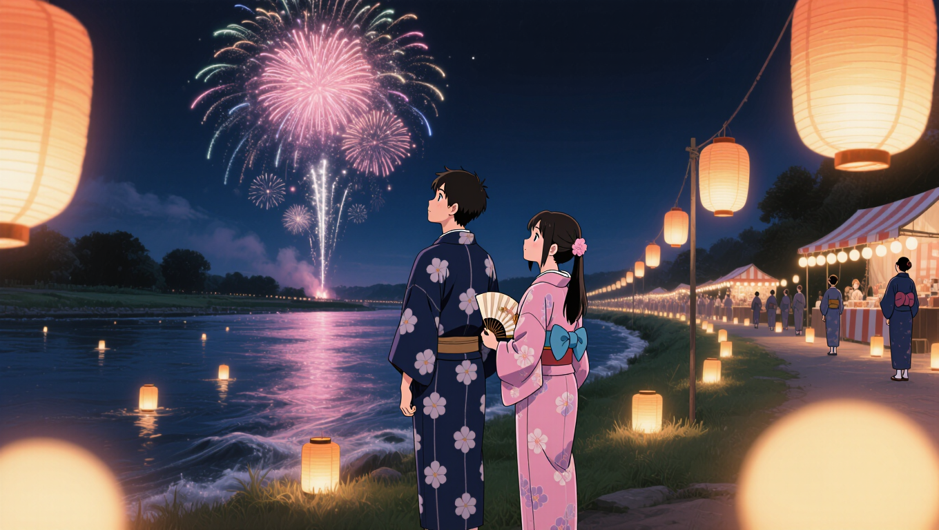 Anime summer festival at night, a couple in yukata watching fireworks over a river, paper lanterns, warm bokeh, nostalgic, Shinkai style,…