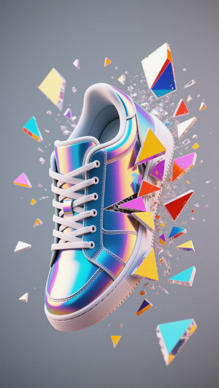Photorealistic 3D render of a glossy sneaker exploding into colorful geometric shards, studio backdrop, Octane render, dynamic,…