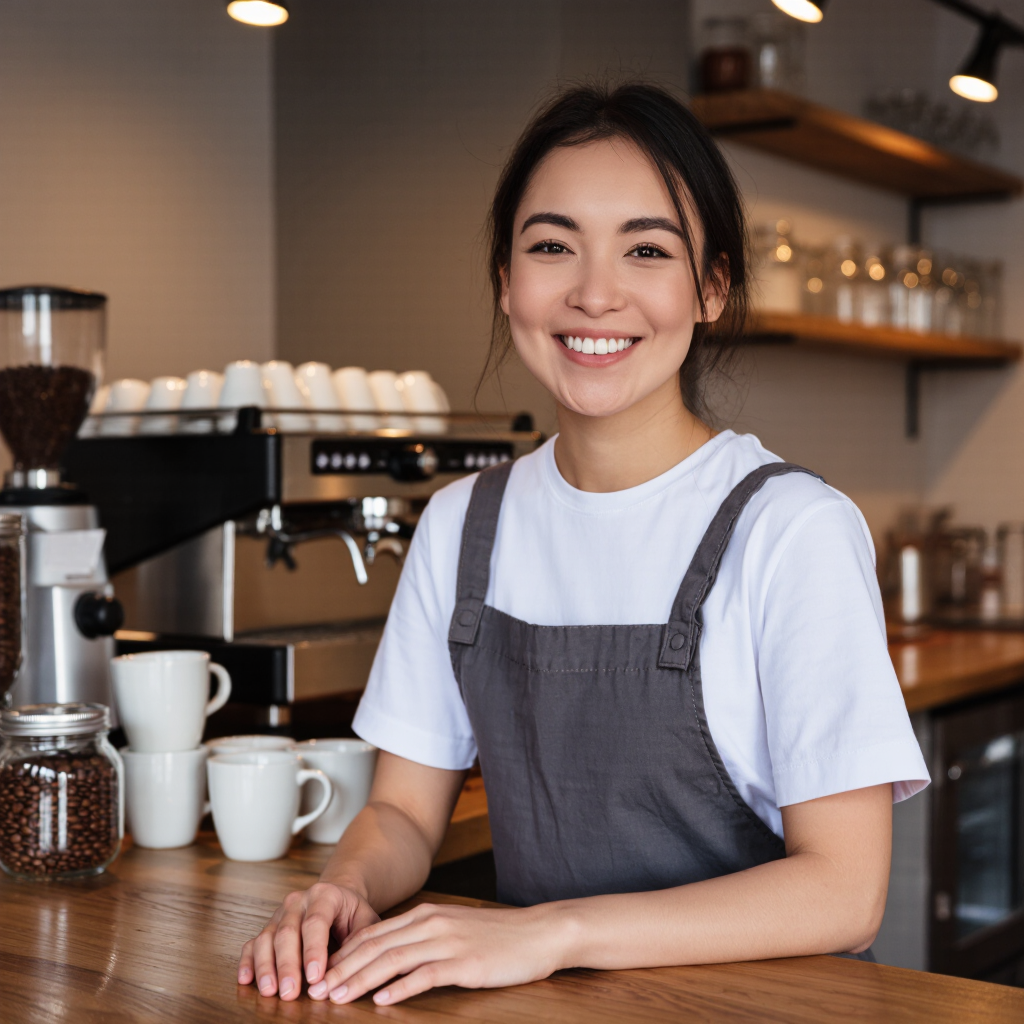 Ultra-realistic photo of a barista woman smiling behind a cafe counter, apron, natural skin texture, warm light, candid UGC style,…