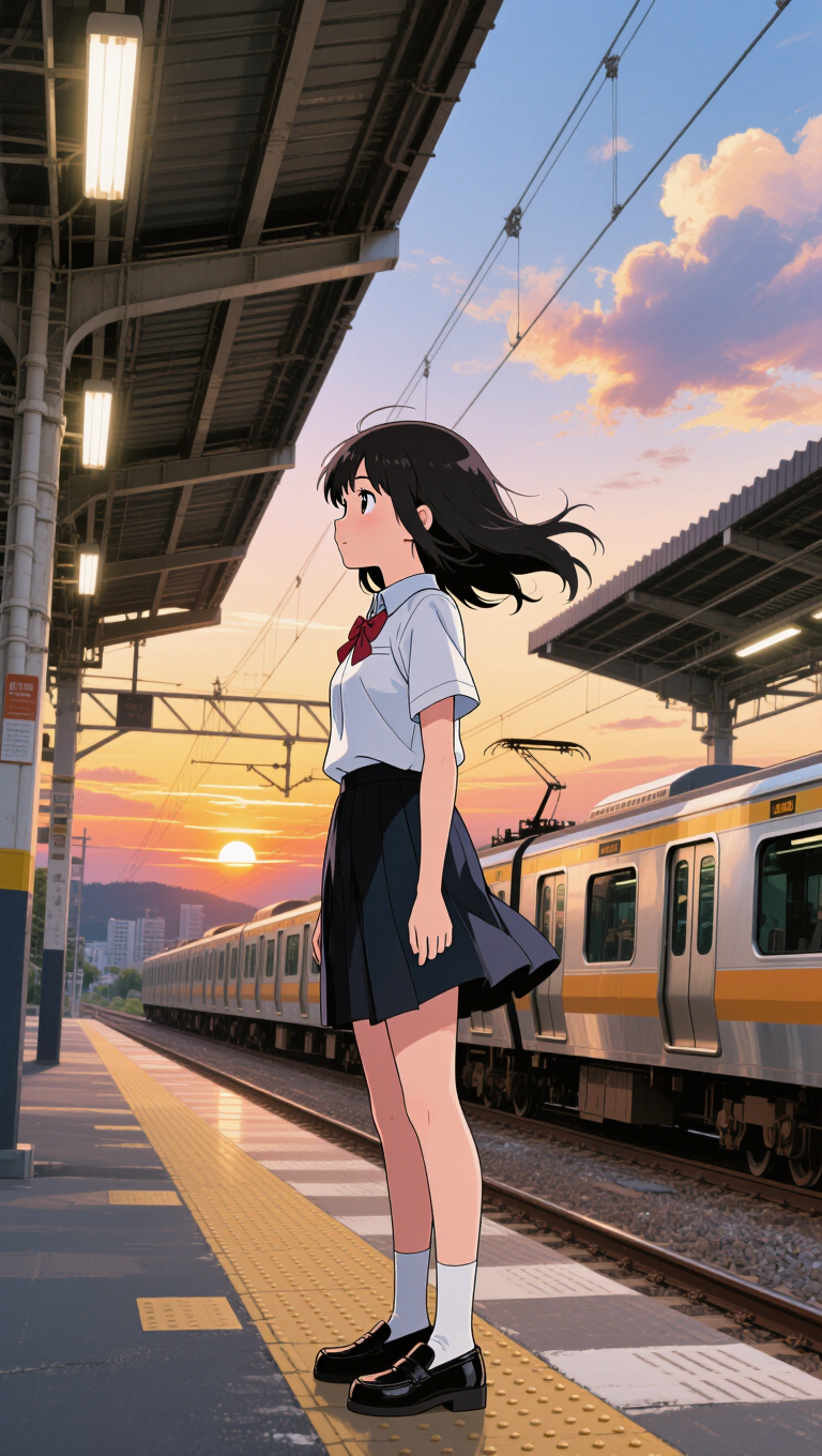 Anime key visual of a girl in a school uniform on a train platform at sunset, wind in her hair, glowing sky, vibrant cel-shading, Makoto…