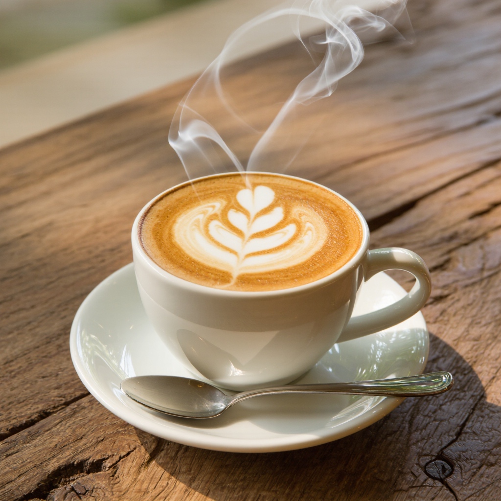 Photorealistic photograph of a steaming latte with latte art on a rustic wooden cafe table, morning light, shallow depth of field,…
