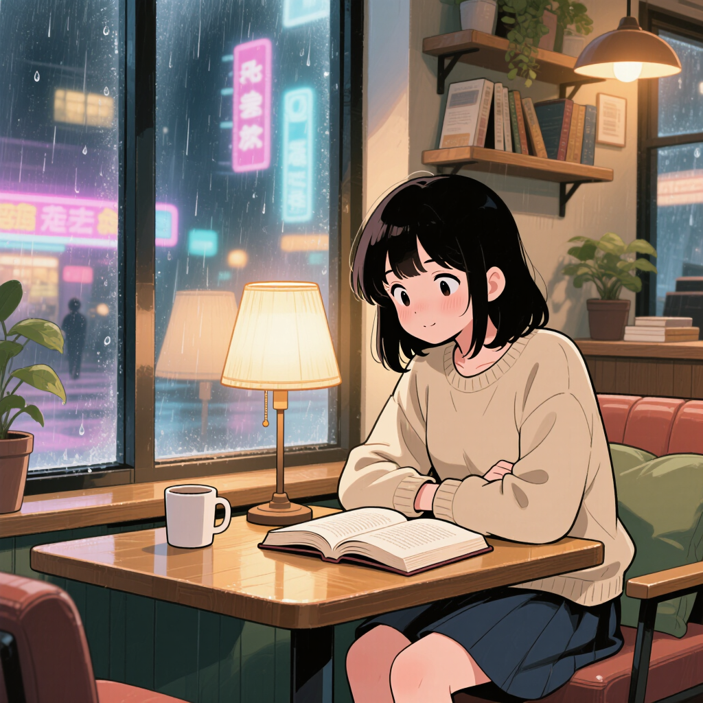 Cozy slice-of-life anime, a girl reading by a rainy cafe window at night, warm lamp glow, neon reflections, soft cel-shading, lofi…