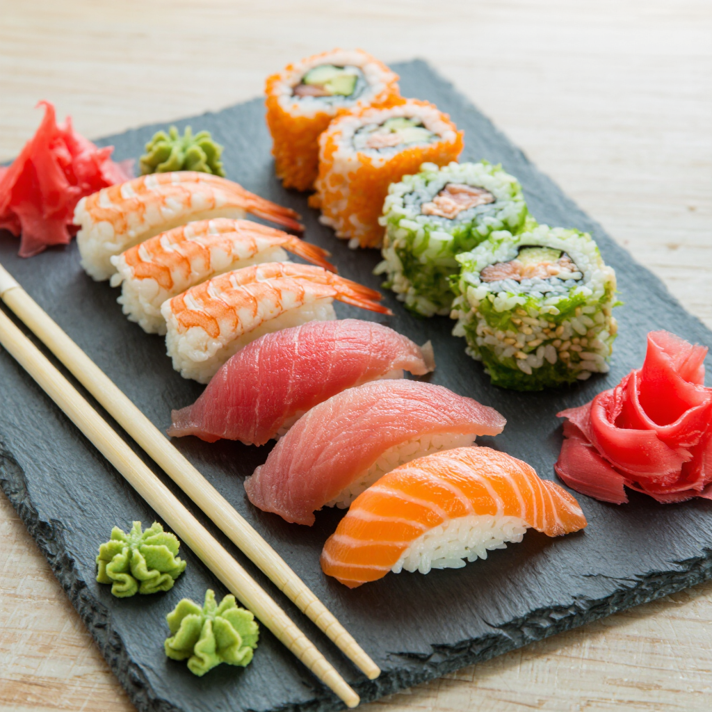 Photorealistic photo of fresh sushi arranged on a slate plate, soft overhead light, glossy detail, food photography, ultra-detailed.