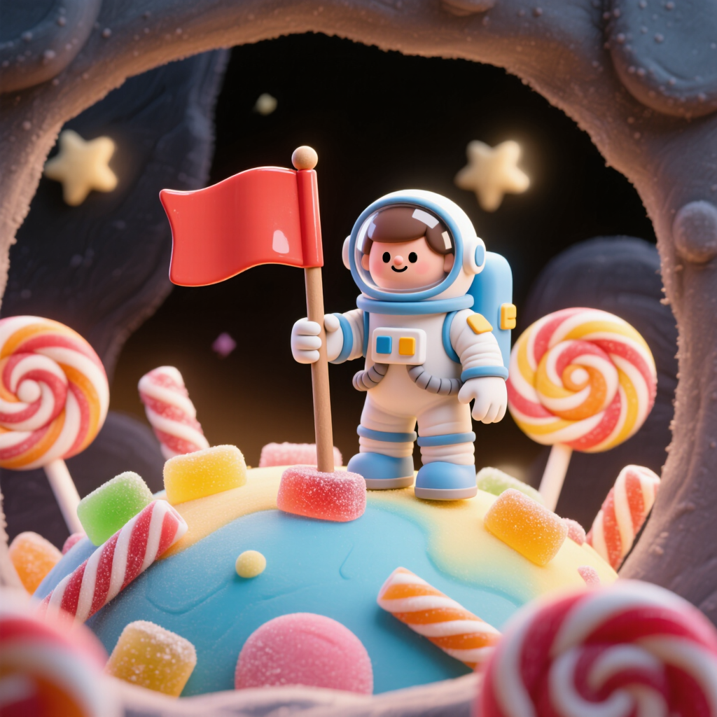 Claymation-style 3D tiny astronaut planting a flag on a candy planet, soft clay textures, warm diorama lighting, stop-motion aesthetic,…