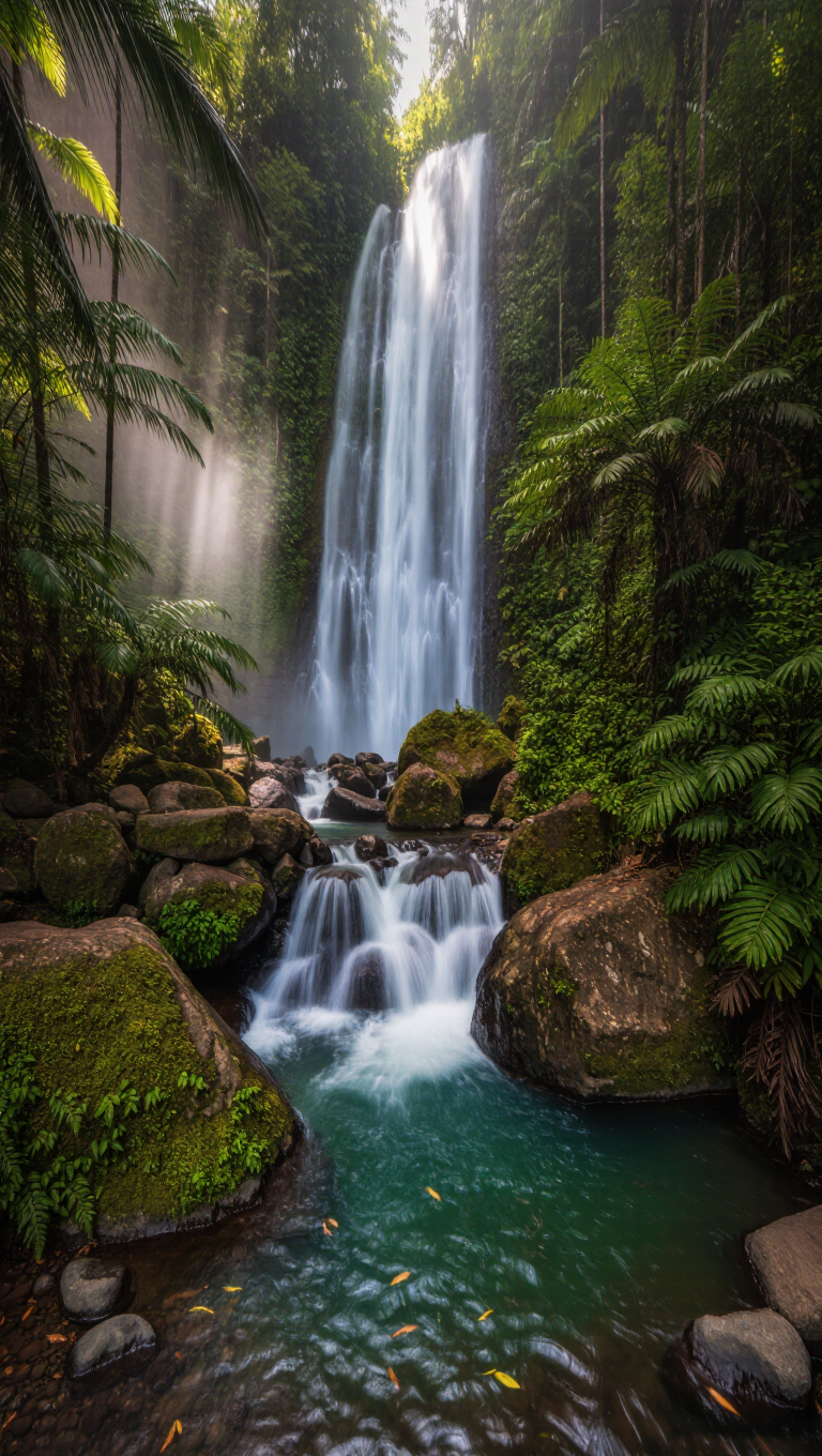 A cascading waterfall in a lush tropical jungle, mossy rocks, misty air, emerald pool, ultra-detailed nature.