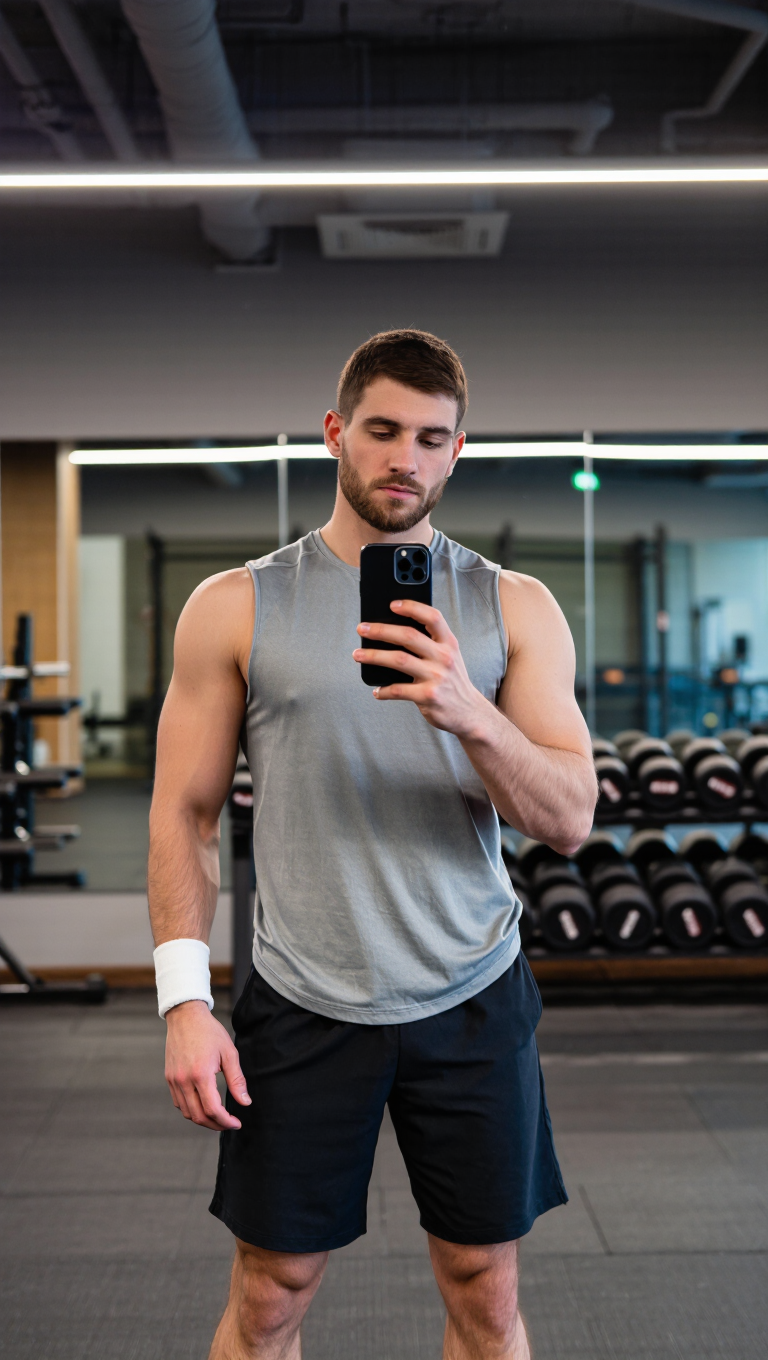 Ultra-realistic candid photo of a fit man taking a gym mirror selfie, natural skin detail, casual athletic wear, authentic UGC aesthetic,…