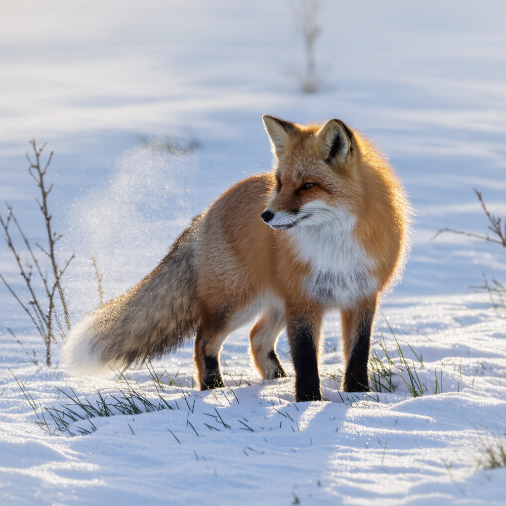 A red fox standing alert in a snowy meadow, soft winter light, breath visible, sharp detail, wildlife photography.