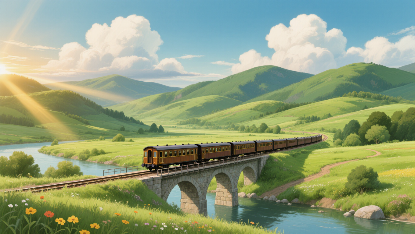 Studio Ghibli-style green valley with a wooden train crossing a stone bridge, fluffy clouds, warm light, hand-painted 2D anime background,…