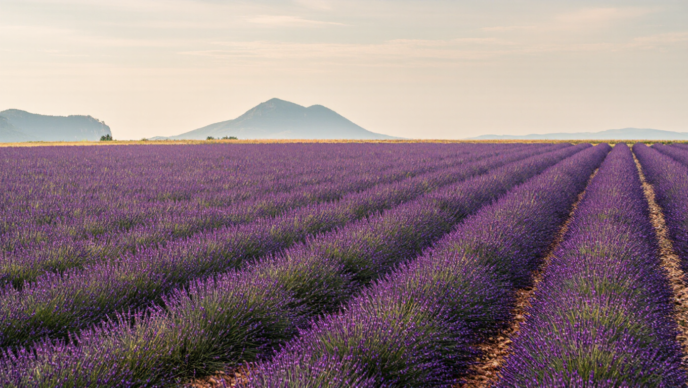 A field of purple lavender rolling to the horizon under a bright blue sky, warm summer light, ultra-detailed landscape.
