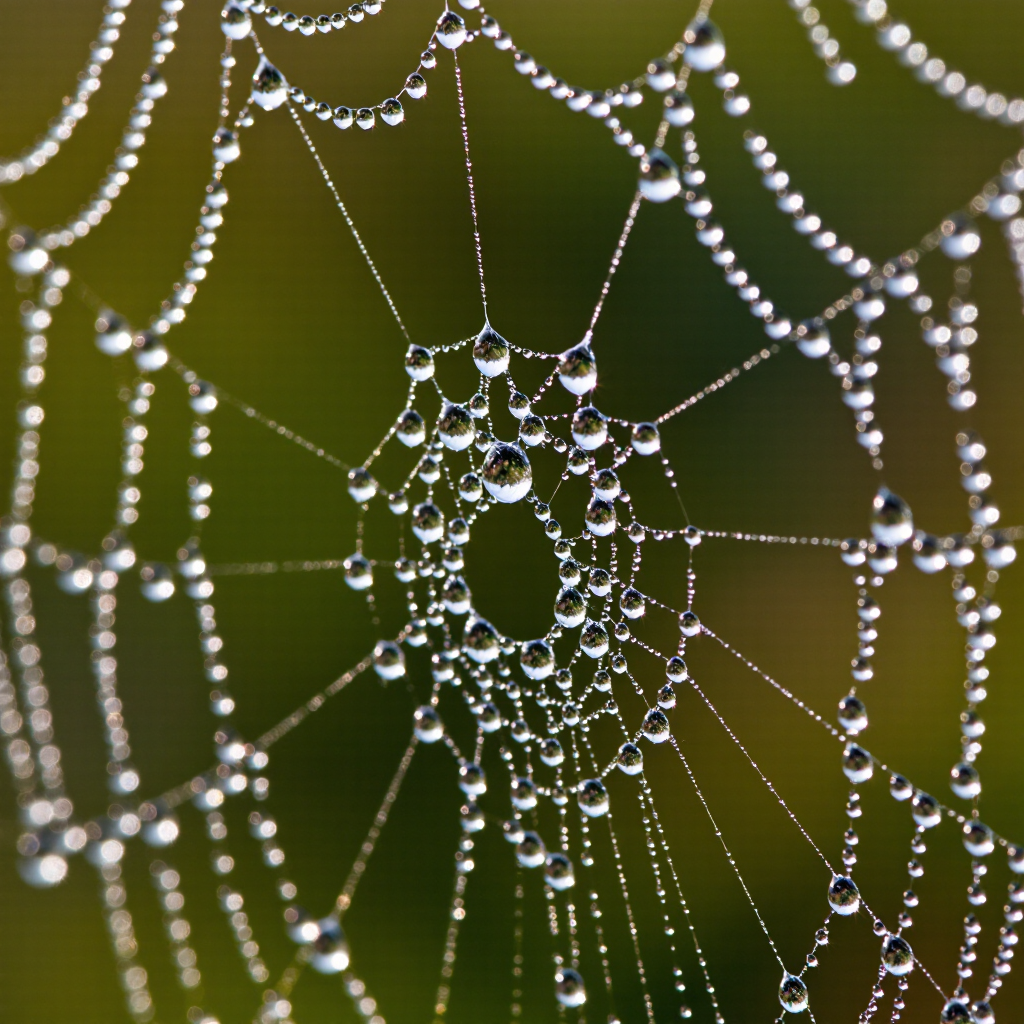 Extreme macro of morning dew on a spiderweb at sunrise, tiny rainbow refractions inside each droplet, soft green bokeh, ethereal,…