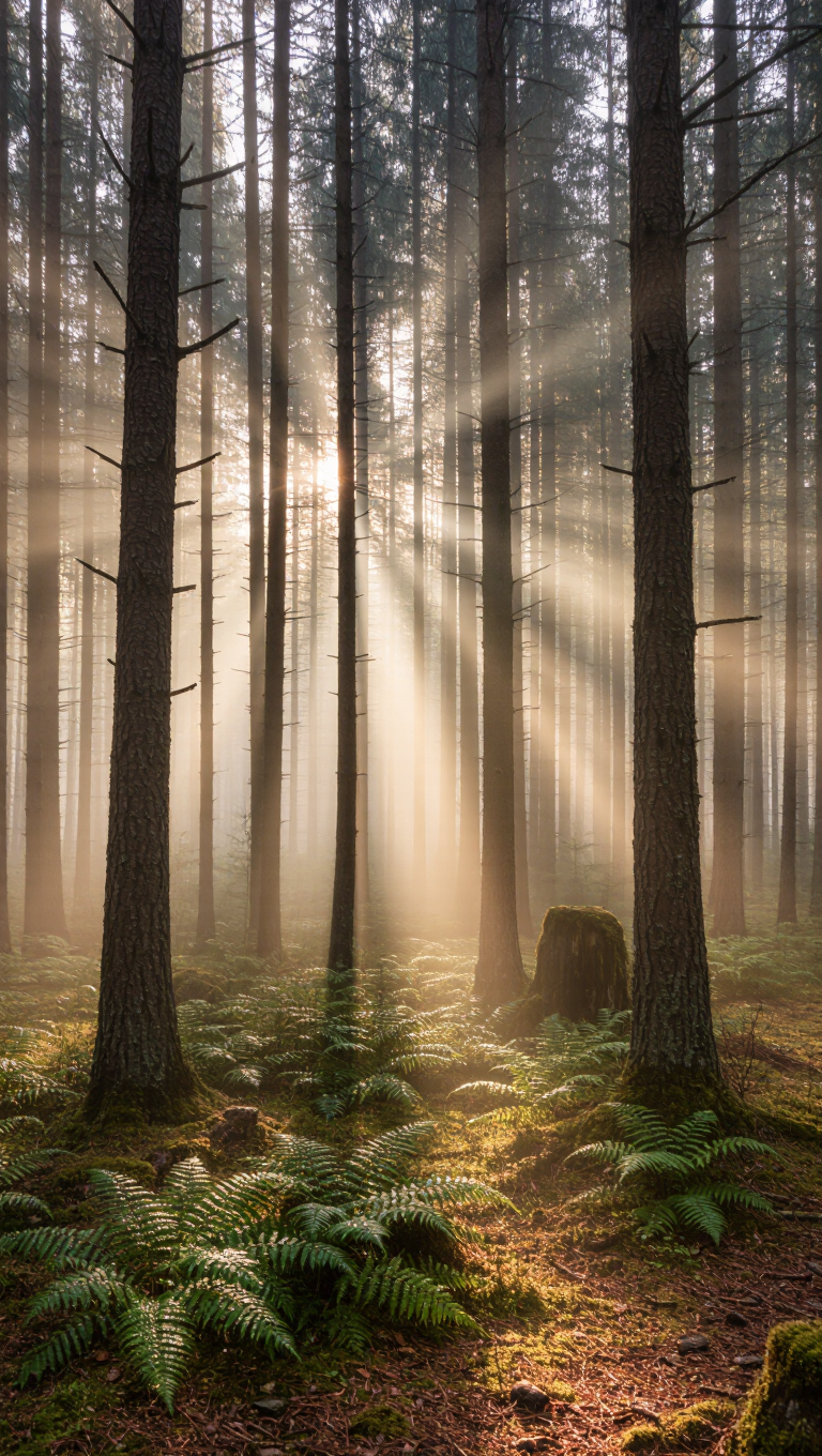A misty pine forest at dawn, sun rays piercing through tall trees, dew on ferns, serene, ultra-detailed nature photography.