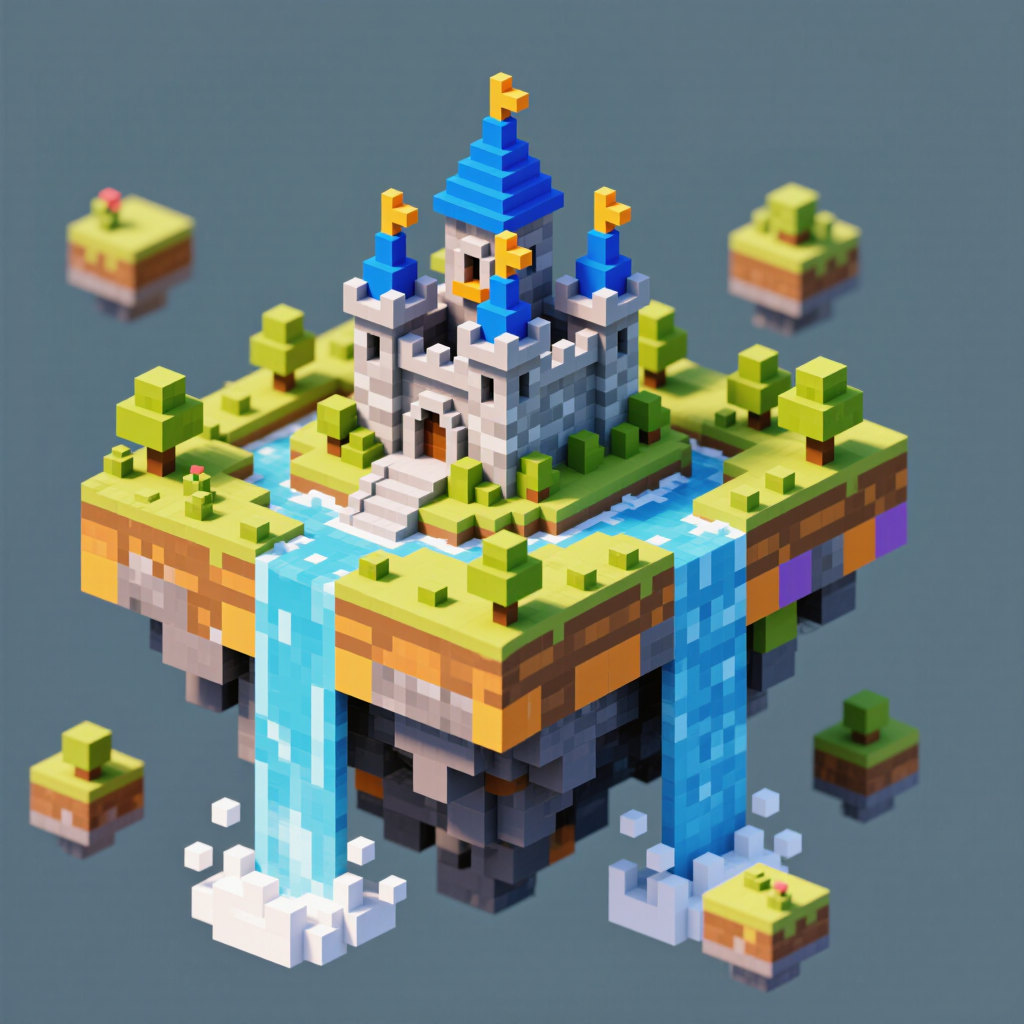 Cute 3D voxel game world, a floating pixel island with a tiny castle and waterfall, vibrant colors, soft shadows, clean voxel render.