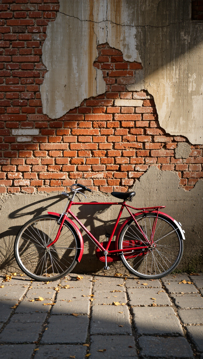 Photorealistic photo of a classic red bicycle leaning against a weathered brick wall, afternoon light, candid, ultra-detailed.