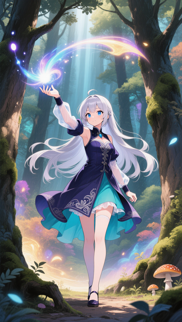 Fantasy anime heroine with flowing silver hair casting a glowing spell in an ancient forest, magic particles, vibrant colors,…