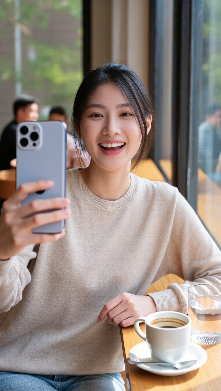 Ultra-realistic candid iPhone selfie of a young woman laughing in a sunlit cafe, natural skin texture, casual outfit, authentic UGC style,…