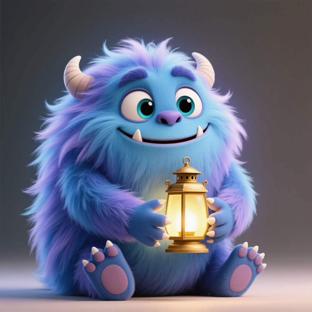 Adorable Pixar-style 3D fluffy monster with big expressive eyes hugging a tiny lantern, soft subsurface scattering, studio lighting,…