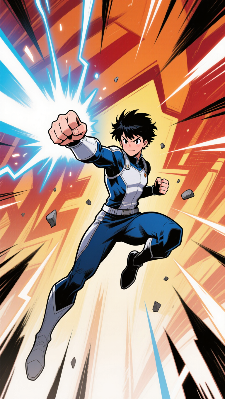 Dynamic shonen anime battle, a young hero mid-air unleashing a glowing energy blast, speed lines, sparks, bold cel-shading, vivid colors,…