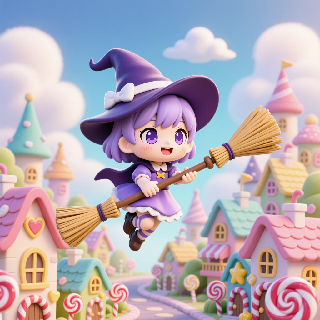Chibi anime style, a tiny cheerful witch flying on a broom over a candy-colored town, big sparkly eyes, pastel palette, cute,…
