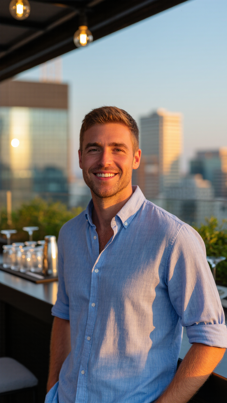 Ultra-realistic candid photo of a smiling young man at a rooftop bar at golden hour, natural skin texture, casual shirt, authentic UGC…
