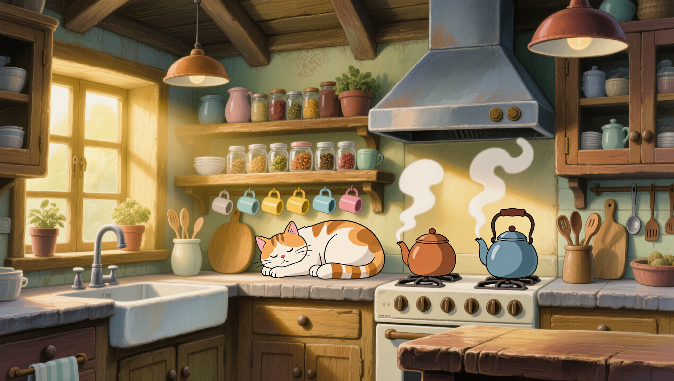 Studio Ghibli-style cozy kitchen bathed in warm sunlight, a cat napping on the counter, steaming teapot, hand-painted 2D anime background,…
