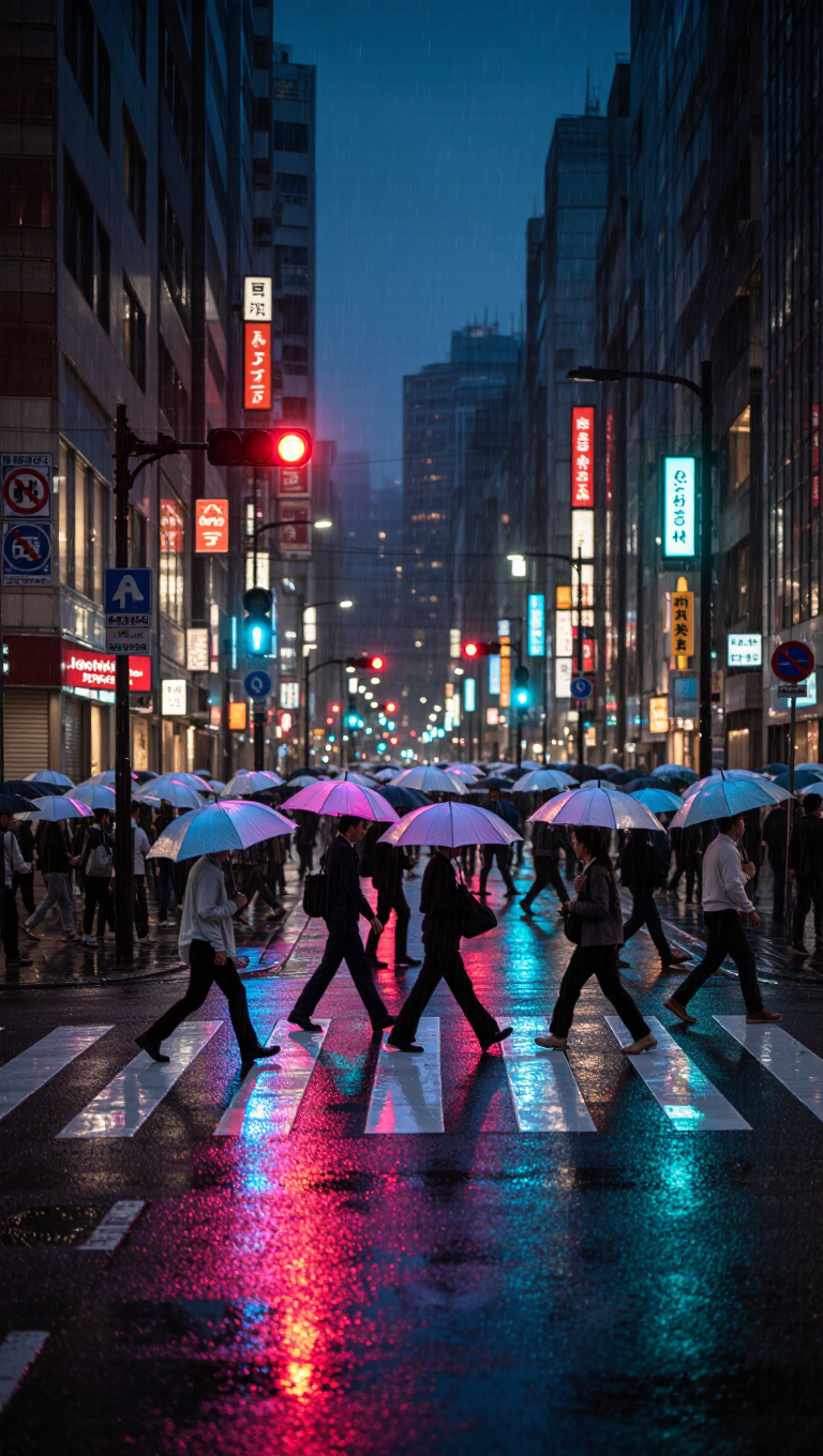 Realistic street photograph of a rainy Tokyo crosswalk at night, glowing umbrellas, neon reflections on wet asphalt, candid, ultra-detailed.