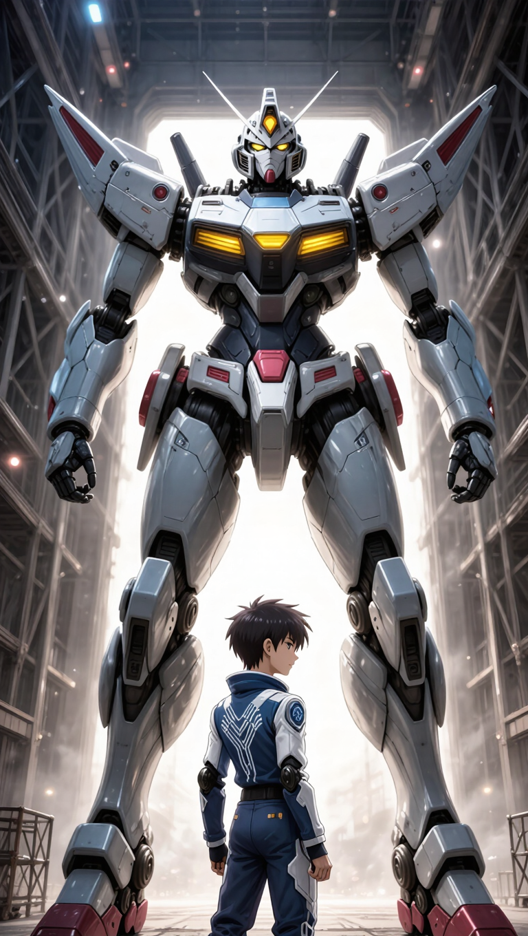 Anime mecha pilot standing before a giant robot in a hangar, dramatic backlight, glowing cockpit, detailed line art, cinematic cel-shading,…