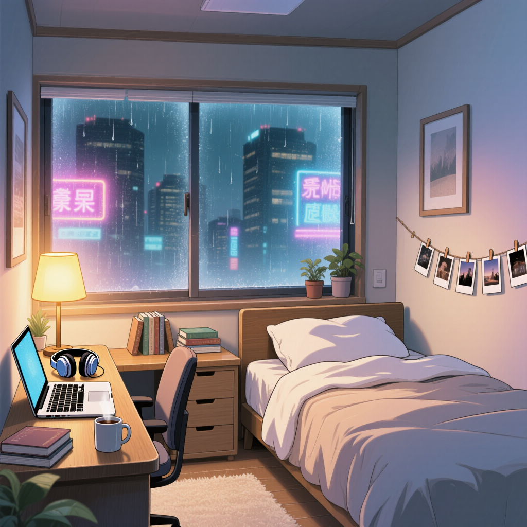 Cozy anime bedroom on a rainy Tokyo night, warm desk lamp, neon glow through the window, lofi aesthetic, soft cel shading, detailed 2D…